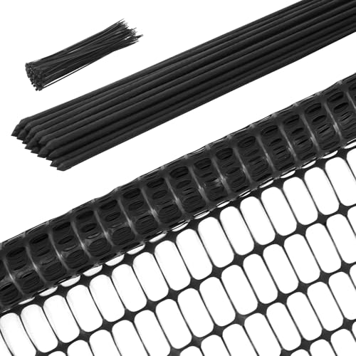 Ohuhu 3.4'x100' Plastic Garden Fence Safety Fence with 16MM Thicker Stakes | Reusable HDPE Garden Fence Roll with 25Pcs 4FT Stakes, Temporary Fence for Animal Barrier Construction Snow Fence Poultry Dog