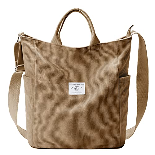 KALIDI Corduroy Tote Bag, Large Slouchy Hobo Messenger Crossbody Bag | Anti Splash Zipper Side Pockets Shoulder Bag Adjustable Strap Lightweight Casual Work Shopping Women - color: Light Kakhi