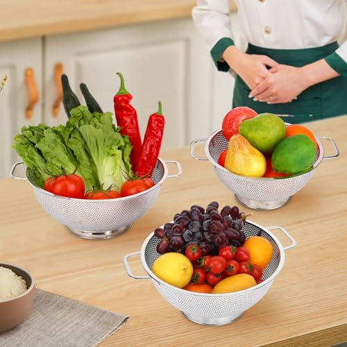 Colander for Kitchen, 3QT, Stainless Steel Colander Strainer with Handle for Fruits Vegetables Cooking Food, Dishwasher Safe - size: 3QT
