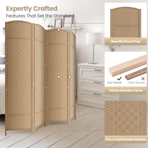 4 Panel Folding Room Divider,Woven Privacy Screen,Light Beige | Solid wood frame, handcrafted diamond pattern, 6FT tall, extends to 63 inches wide, no assembly required - color: Light Beige, size: 4-Panel