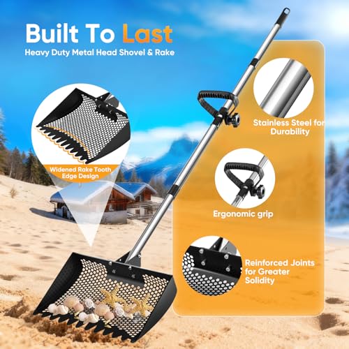 12inch Chicken Poop Scooper & Rake 2-in-1 with Adjustable Handle | Heavy Duty Metal Chicken Coop Scoop for Sand, Adjustable Angle Stainless Steel Chicken Coop Rake Litter Sifting Shovel 37-64" - color: Black
