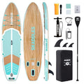 10’6’’ Inflatable Stand Up Paddle Board (SUP) for Adults and Youth with Non-Slip Deck – Complete Accessories Kit, for Fishing, Yoga, Fitness & Family Fun - color: mint green wood grain