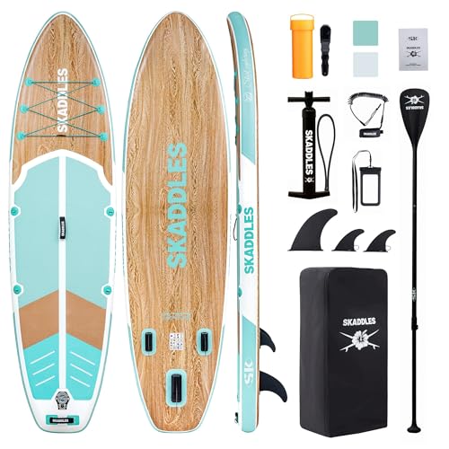 10’6’’ Inflatable Stand Up Paddle Board (SUP) for Adults and Youth with Non-Slip Deck – Complete Accessories Kit, for Fishing, Yoga, Fitness & Family Fun - color: mint green wood grain