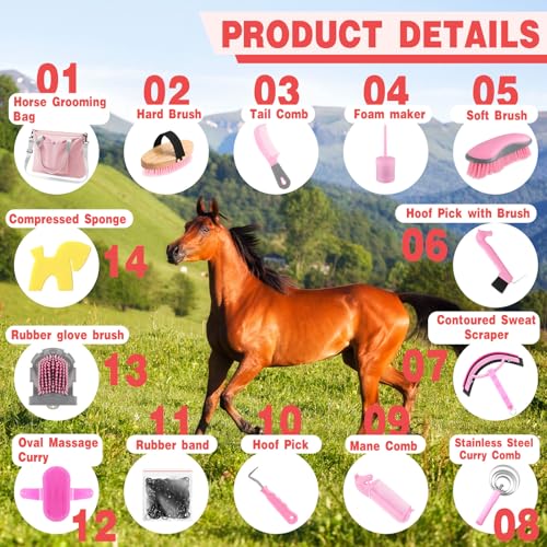 Abbylike 15 Pieces Horse Grooming Kit with Organizer Tote Bag Tack Room Supplies Horse Brush Sets Care Equine Cleaning Kit Shedding Grooming Massaging Tools(Pink and Grey) - color: Pink and Grey