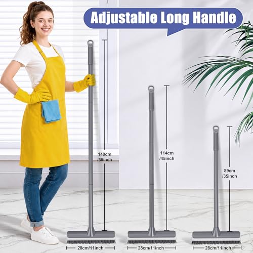 2 in 1 Floor Scrub Brush: Deck Brush with Squeegee | Long Adjustable Handle - 55'' Stiff Bristle Scrape Brush for Deck Patio Garage Shower Bathroom