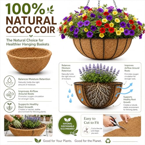 Y&M Set of 2 18 Inch Pre-Formed Round Coco Fiber Hanging Basket Liner,Coconut Liner Replacement Liner for 18'' planters - size: 18in 2P