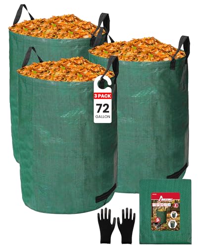 MAZING 3-Pack 72 Gallon Reusable Yard Waste Bags, Heavy Duty Collapsible Garden Leaf Bags with Reinforced Handles for Lawn Grass Clippings & Debris