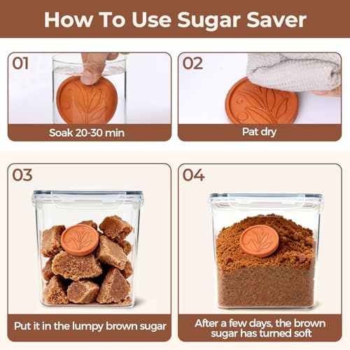 ComSaf Airtight Brown Sugar Containers with Terra Cotta Saver 2.6Qt 2Pack | Plastic Food Storage Canister with Lid, Sugar Flour Cereal Oats, Pantry Kitchen, Stackable Brown Sugar Keeper, Label & Scoops - size: 2.6Qt-Square