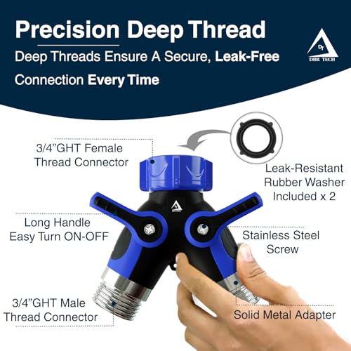 DBR Tech® Hose Splitter 2 Way, Heavy Duty Metal Connector, Two Way Garden Hose Splitter, High Flow Spigot Faucet Bib Adapter, Solid Double Y Shut Off Valve for Outdoor Gardening Hoses, Blue - color: Blue