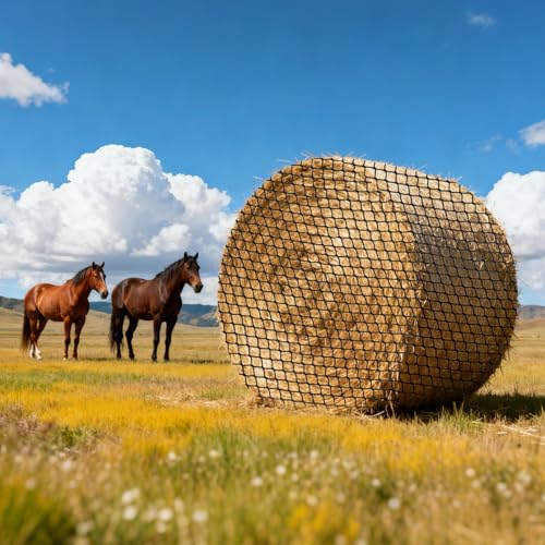 VEVOR Round Bale Hay Net, 4.92 x 4.92 x 4.92 ft, 1.65 inch Holes, PE Material, Knotless Design, with Self-Locking Zip Ties, Needle Shuttle, and Repair Twine, Slow Feeder Round Bale Net for Horses - size: 4.92 x 4.92 x 4.92 ft