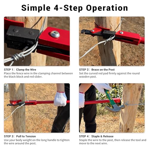 Fence Wire Stretcher Tool and Wire Tensioner for Round Wooden Posts, Heavy-Duty Fence Wire Tensioning & Repair Tool for Barbed/Smooth/Electric Wire, Easy One-Person Use on Farm & Ranch