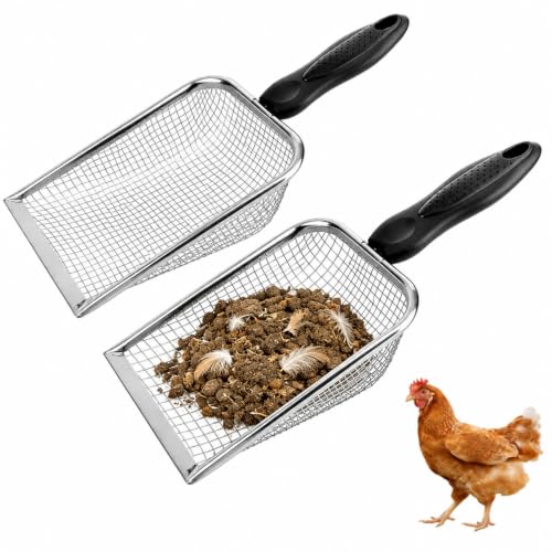 Chicken Poop Scooper,Chicken Coop Cleaning Tools,Mesh Sifting Shovel with 3.8mm & 5mm Holes,Metal Chicken Coop Rake and Scoop Tool,Scooper Shovel for Sifting Sand,Litter,Chicken Supplies(2 Pcs)