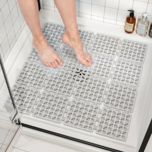HITSLAM Shower Mat Anti Slip, 24x24 Inch Cut to Fit No Odor Soft TPE Shower Stall Mat, Square Bath Mat with Suction Cups and Drain Holes, Soft on Feet, Grey - color: Grey