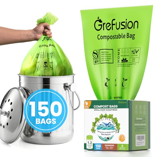 GreFusion Compostable Trash Bags for Kitchen Compost Bin 1.2 Gallon,150 Count,Compost Bags Small for Food Scrap Waste Bags for Countertop Bin Certified by BPI,ASTM D6400 and OK Compost - color: 1.2G-150Count