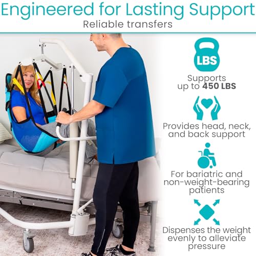 Vive Padded Patient Lift Sling w/Head Support - Universal Fit for Hoyer | Hydraulic, Electric Lifts - Full Body Transfer Sling for Shower, Toileting & Home Use - Mesh Padded, Machine Washable - size: Large