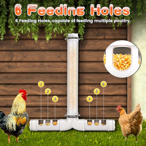 PVC Chicken Feeder No Waste 13lbs Automatic Poultry Feeder | Chicken Food Dispenser with 6 Feeding Port, Gravity Poultry Feeding Trough for Ducks Turkeys Geese Quails Pigeon