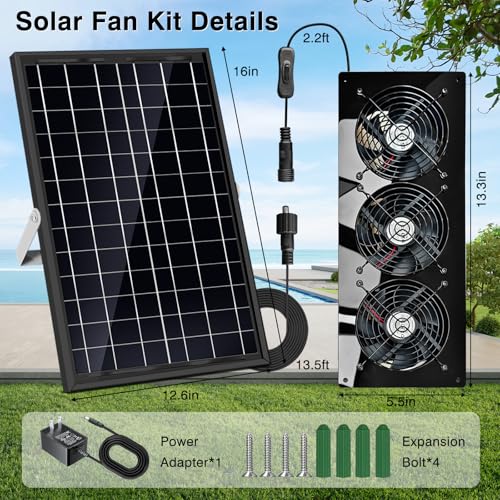 Solar Exhaust Fan,25W Solar Fan for Chicken Coop,Shed,Greenhouse & Attic Ventilation Cooling, Easy Installation,3500RPM,18FT Cord,IP67 Waterproof Solar Powered 3 Fan Kit - size: 25W Solar Exhaust Fan 3 Kit