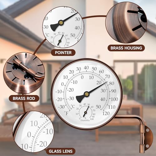 4 Inch Brass Outdoor Thermometer & Humidity Gauge, Analog Dial | Weatherproof Window Thermometer Hygrometer, °F/°C Dual Scale Battery Free, Adjustable Swivel Bracket for Patio, Greenhouse