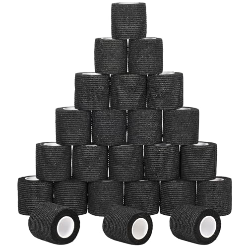 24 Pack Self Adherent Cohesive Wrap Bandages Non Woven Cohesive Bandage Elastic Self Adhesive Bandage Wrap Sports Athletic Tape First Aid Tape for Wrist Ankle Pet Vet Wrap Grip Cover 2 inch (Black) | Self Adherent Bandages Wrap First Aid Self Adhesive Ban