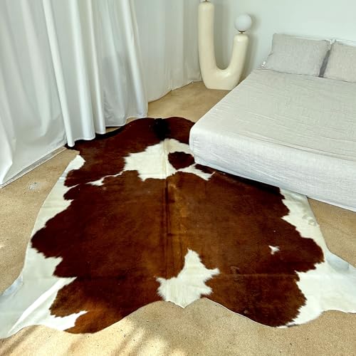 Brown and White Cow Hide Rug 5x7 ft, Real Hair on Hide | Real cowhide rug, brown and white spotted pattern, no two hides alike. Cow skin anchor from ranch to modern decor - color: Authentic Brown & White, size: 5' x 7'