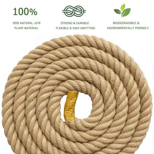 Natural Jute Rope (1.5 Inch x 100 Feet) Thick Hemp Rope Twisted Manila for Deck Railings, Swing Bed, Tug of War, Docks, Nautical, Decorating - size: 1.5 Inch x 100 Feet