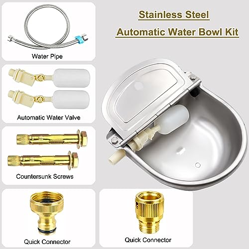 Automatic Animal Drinking Water Trough Bowl with Float Valve Stainless Steel Outdoor Waterer for Horses Dogs Goat Horses Dogs Goat Pig with Pipe Hose, Quick Connector Adapter