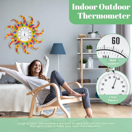 Colorful Sun Outdoor Thermometer & Hygrometer Combo, 25 Inch Indoor Outdoor Wall-Mounted Thermometer Large Numbers, Decorative Indoor Outside Thermometer for Patio, Garden, Living Room,Wine Cellar