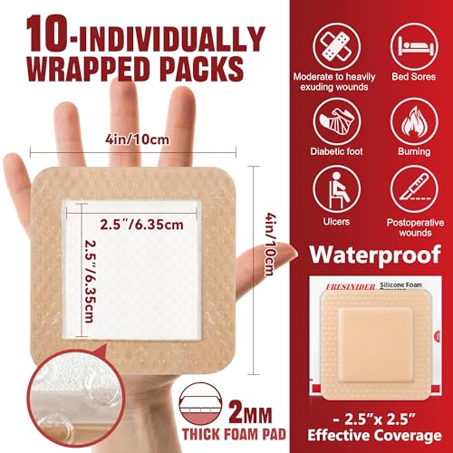 FRESINIDER Silicone Foam Dressing with Adhesive Border – Wound Dressing Bandage – Silicone Foam Pad – Pack of 10 – 4 x 4 Inches Large Waterproof Bandages – Self Adhesive Wound Care and Dressings - size: 4" x 4" ,10pack