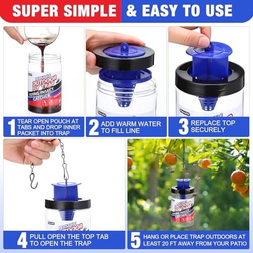 Qualirey 4 Pcs Fly Traps Outdoor Reusable Hanging Fly Jar Trap Gnat Bug Catcher Killer for All Flies Outside Filth Flies Insect Bug Control Patios Yard Ranch Barns (Blue) - color: Blue