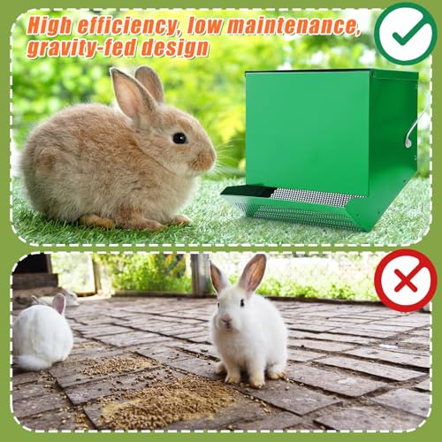 No-Waste Metal Rabbit Feeder for Cages, Large Hanging Food Dispenser with Mesh Bottom & Lid, Holds 5lb Feed for Several Days, Bunny & Small Pets