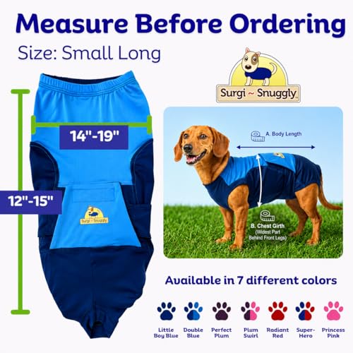 Surgi Snuggly Dog Surgery Recovery Suit, Cone Alternative, Spay/Neuter SL | Dog Recovery Suit for Dogs — Veterinarian-Invented Surgical Suit & Recovery Onesie with Easy Bathroom Access After Surgery - color: Double Blue, size: Small Long (L-12"-15" | G-14