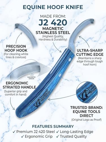 Left-Hand Curved Blade Farrier Hoof Knife, J2 420 Magnetic Stainless Steel Blade, Ergonomic Blue Handle, Horse Hoof Trimming Tool for Sole & Frog Paring - style: Left-Handed