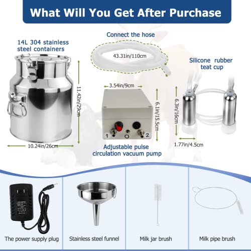 2026 Upgrade 14L Cow Milking Machine, Continuously Adjustable Suction Pulsation Vacuum Electric Milker, Portable Livstock Milking Machine with Stainless Bucket(US Plug)(14L Cow) - size: 14L Adjustable Cow Milking Machine