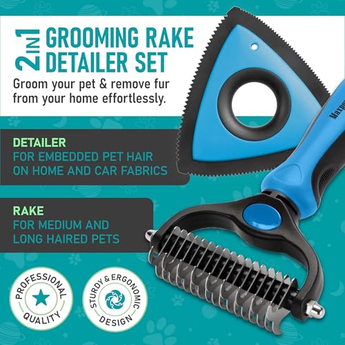 Maxpower Planet Pet Grooming Rake and Mini Pet Hair Remover Tool, Undercoat Rake for Dogs & Hair Remover for Car Carpet, Cat Fur Removal and Double-Sided Deshedding Dematting Tool for Dogs and Cats - color: D - Rake & Remover, size: Large