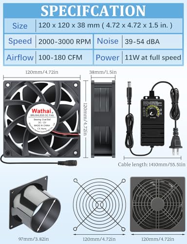 Wathai 120mm x 38mm 12V 4 Inch Small Exhaust Fan 110V 120V Speed Control | Dual Ball 3000RPM High Speed Fan Variable Speed Controller for Biltong Box Greenhouse Receiver Amplifier Xbox DVR Cooling - style: 120x38mm 1 duct