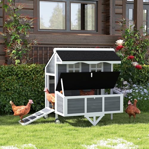 PawHut 43" Chicken Coop with Wheels, Nesting Box for 2-4 Hens, Rabbits Gray | Mobile Chicken House, Windows, Pull-out Tray, Perches, Wooden Poultry Tractor, Backyard, Patio