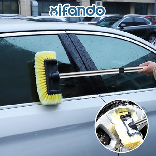 Car Wash Brush with Long Handle – Five-Sided Soft Bristle Brush for Car, Truck, SUV, RV, Boat & House Siding Cleaning - color: Yellow