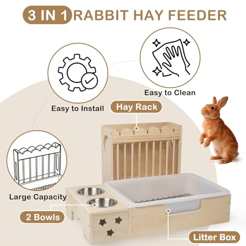 Upgraded 3‑in‑1 Wooden Rabbit Hay Feeder and Litter Box Combo | Extra Large, Mess‑Proof Hay Rack, Easy Clean, Stainless Steel Bowls, Small Pet Feeding Station - size: 26.1"W