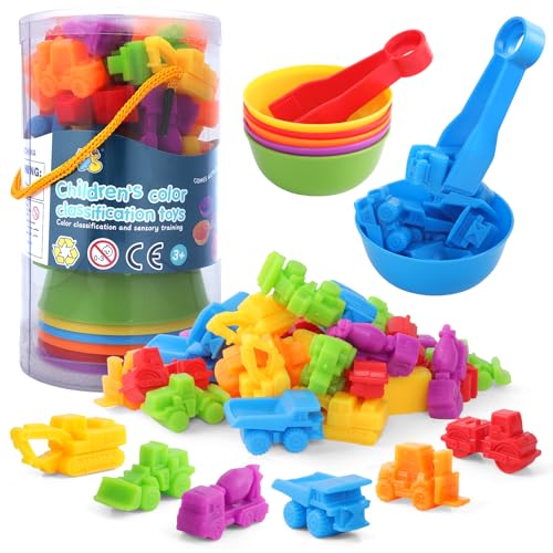 RAEQKS Counting Sorting Toys Matching Stacking Games with Bowls Sensory Preschool Learning Activities Educational Montessori Stacking Toy Gifts Sets for Kids Aged 3 4 5 Years Old Boys Girls - style: Construction vehicles