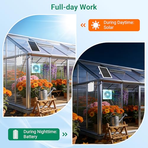 25W Solar Exhaust Fan with Battery for Chicken Coops, Greenhouses & Sheds | 9.8" Solar Powered Fan for Day/Night Use, 3200 RPM High-Speed Low Noise Waterproof Solar Fan for Outdoor, Garages & Pet House - size: 9.8 inches