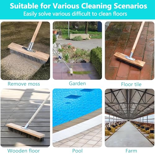 Concrete Scrub Brush - Concrete Brush Wire Broom with 62" Long Handle - Deck Brushes for Scrubbing Heavy Duty Stiff Metal Bristle Floor Scrubber Brushes for Cleaning Moss Grout Garage Patio