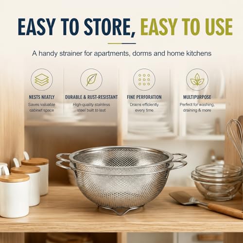 Palksky Small Colander Set of 2, 800 mL / 0.85 Qt Stainless Steel Mini Colanders with Riveted Handles, Footed Base & Micro-Perforations, Berry Wash Bowl for Berries, Fruits, Vegetables & Pasta - color: Small Colander 2 PCS