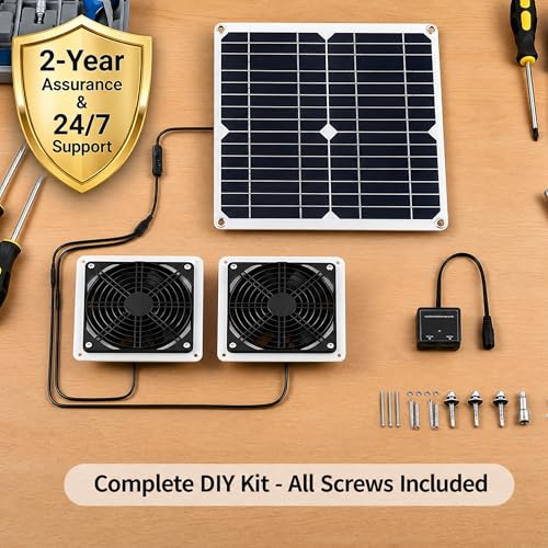 20W Monocrystalline Solar Powered Dual Exhaust Fan Kit with Switch | IP54 Waterproof, USB Ports, for Chicken Coop Greenhouse Shed RV Pet House, Outdoor Ventilation, Easy Install, Year-Round Use