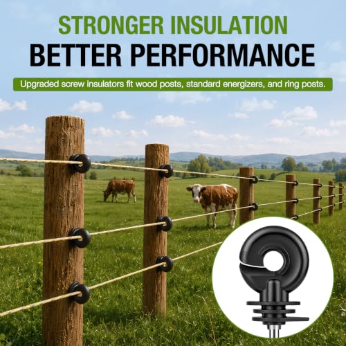 Electric Fence Insulators 50Pcs, Self-Tapping Screw-in Ring Insulators for Wood Posts, PP+PE Composite Material Fits 8-30 Gauge Wire/Tape/Rope, Heavy Duty Ranch Fencing Kit