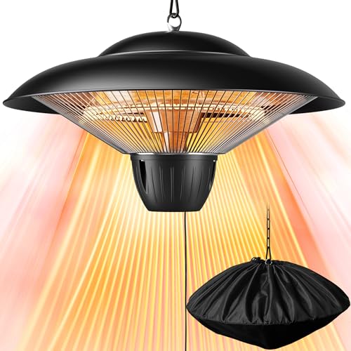 1500W Electric Patio Heater, Hanging Infrared Outdoor Heater with Carbon Fiber Heating, Waterproof Ceiling Mounted Heater for Gazebo, Porch, Garage & Covered Patio - color: Black
