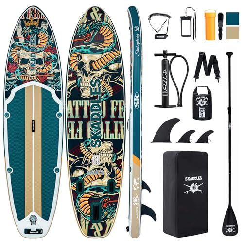 10’6’’ Inflatable Stand Up Paddle Board (SUP) for Adults and Youth with Non-Slip Deck – Complete Accessories Kit, for Fishing, Yoga, Fitness & Family Fun - color: Retro Skullz