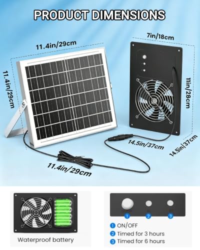 Solar Powered Fan with 15000mAh Battery & Timer for Chicken Coop | Small Solar Exhaust Fan, 25W Quiet, Waterproof, High Airflow for Outdoor, Greenhouse, Sheds,Pet Houses Ventilation Equipment - size: 11 inches