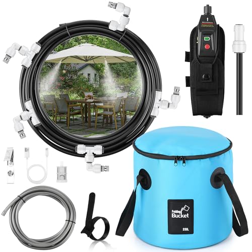 23ft Portable Misters for Outside, Outdoor Water Cooling Misters with Pump | 20L Portable Misting System With 6 Mist Nozzles for Outdoor Patios, Golf Carts, Greenhouses, Canopy, Decks, Camping, Hiking