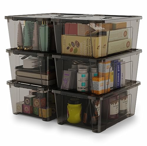 WYT 5-Quart Small Plastic Storage Container Bin with Secure Lids and Latch Buckles, Black Clear Durable Stackable Nestable Organizin, 6-Pack - color: Black