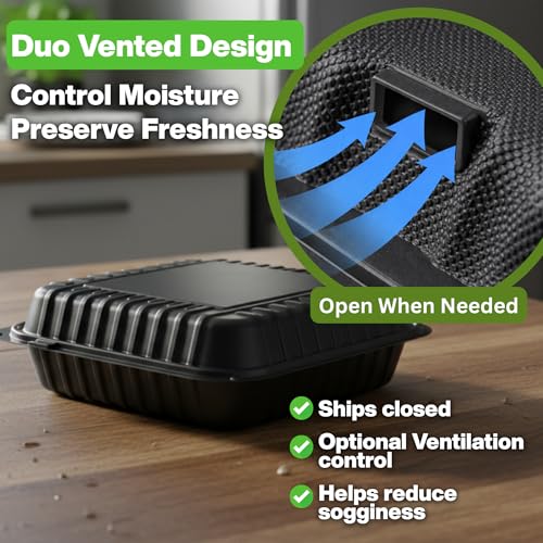 Front Lock MFPP Hinged Food Containers, 9" x 9" Black Vented Clamshell – 3 Compartment Disposable Takeout Boxes, Durable Microwaveable Containers for Restaurants & Food Service – 150 Pack - color: Black